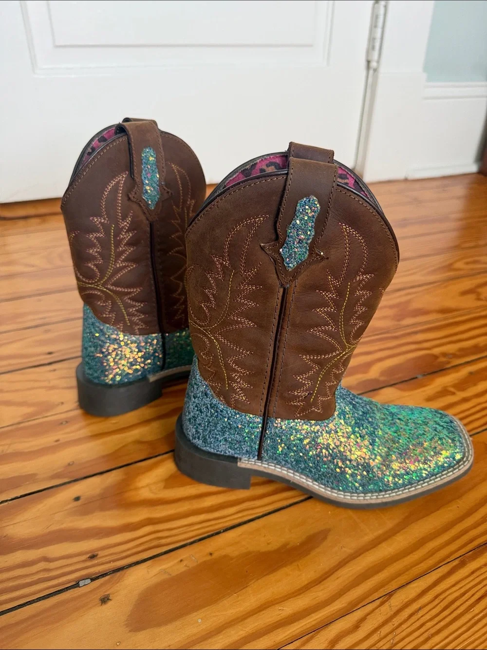 Kids Brown Leather & Teal Glitter Western Boots
